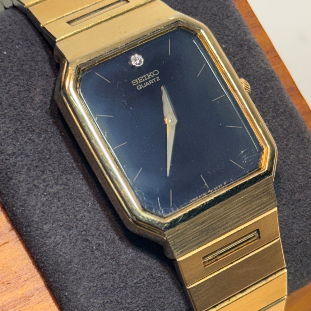Seiko Quartz Watch Gold Black Dial Diamond 5Y30-5B89 Octagon Vintage